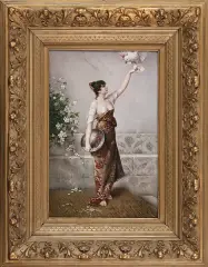 Fr. Zapf, DZIEWCZYNA Z PAPUGĄ, plakieta porcelanowa, farby naszkliwne