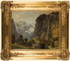 WIDOK NA STAUBBACHFALL by Heinrich Höfer, ok. 1876, olej, karton naklejony na płótno, sold Jun 2007