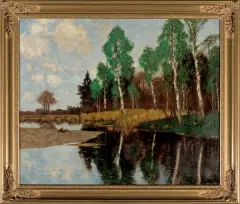 Karl (Carl) Küstner, BRZOZY NAD WODĄ, olej, płótno
