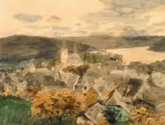 Erich Nikutowski, MIASTECZKO NAD RZEKĄ, akwarela, kredka, ołówek, papier
