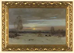 Franz Fuchs, KRAJOBRAZ ZIMOWY Z DZIKAMI, olej, płótno