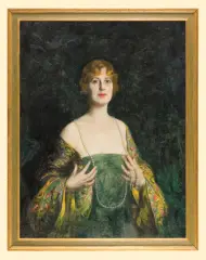 Leopold Pilichowski, PORTRET DAMY Z NASZYJNIKIEM PEREŁ, 1917, olej, płótno