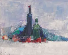 Jerzy Piotrowicz, MARTWA NATURA Z BUTELKAMI, 1995, olej, płótno