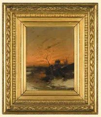 Zimą o zachodzie by Heinz Flockenhaus, olej, płótno, sold Mar 2007