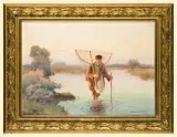 Rybak z siecią by Wiktor Korecki, olej, tektura, sold Mar 2007