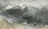 Edward Theodore Compton, Pejzaż alpejski, tusz lawowany, gwasz, papier