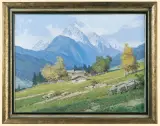 Eugen Carl Wilhelm Retzlaff, Pejzaż alpejski. Widok na Wettersteinspitze, olej, płótno