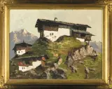 Georg Arnold, Domy na nad urwiskiem w górach, olej, płótno