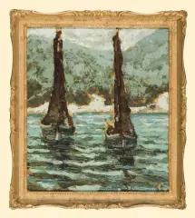 Jan Bohuszewicz, Łodzie żaglowe na morzu, 1930, olej, tektura