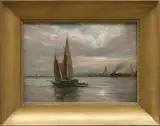 Max Franz Szczygielski-Rogala, ŁÓDŹ ŻAGLOWA NA TLE PANORAMY GDAŃSKA, olej, płótno