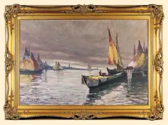 Hans Gleissner, ŁODZIE RYBACKIE NA LAGUNIE, olej, płótno