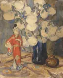 Włodzimierz Błocki, KWIATY I JAPOŃSKA FIGURKA, 1916, akwarela, karton naklejony na tekturę