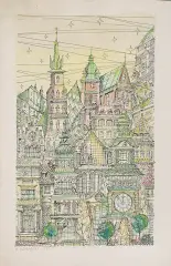 Adam Podhorecki, Wawel w pigułce, 1955, tusz pióro, akwarela, karton