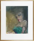 Alicja Wahl, Popiersie kobiety w zielonej sukni, 1993, pastel, gwasz, akwarela, papier