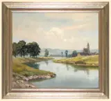 Clemens Freitag, WIDOK NA MIASTECZKO NAD RZEKĄ, przed 1939, olej, płótno