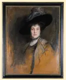Philip de László, PORTRET DAMY W KAPELUSZU Z PIÓRAMI, 1911, olej, tektura