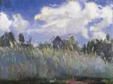 ZBOŻE NA TLE WSI BOJARKA NA UKRAINIE by Jan Stanisławski, 1905, olej, tektura, sold Dec 2006