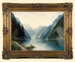 Carl Bertold, PEJZAŻ ALPEJSKI Z JEZIOREM, ok. 1900, olej, płótno