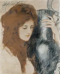 Teodor Axentowicz, DZIEWCZYNA Z NIEBIESKIM WAZONEM, 1903, technika mieszana: glinoryt, kredka, ołówek