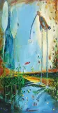 Agnieszka Opala, KOMPOZYCJA Z RYBKAMI I PTAKIEM, ok. 2004, olej, płótno, technika mieszana