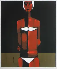 Jerzy Nowosielski, Pływaczka w białym czepku i kostiumie, 1999, serigrafia barwna, karton