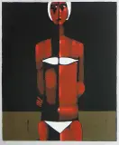 Pływaczka w białym czepku i kostiumie by Jerzy Nowosielski, 1999, serigrafia barwna, karton, sold Oct 2006