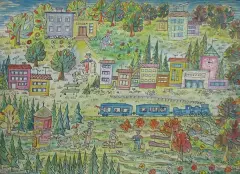 Adam Podhorecki, Moje miasteczko, 1955, tusz pióro, akwarela, papier