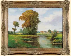 Adolf Rheinert, WYSOKIE DRZEWA NAD WODĄ, olej, sklejka