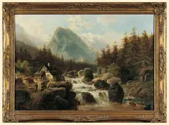 PEJZAŻ GÓRSKI Z MŁYNEM NAD POTOKIEM by Carl Justus Rose, olej, płótno, sold Oct 2006