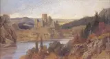 Erich Kubierschkhy, RUINY ZAMKU NAD RZEKĄ, 1900, olej, tektura