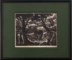 Krystyna Wróblewska, Polowanie na żubra, 1937, drzeworyt, papier kremowy