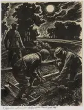 Konstanty Maria Sopoćko, Minowanie torów przez polskie oddziały AK, 1950, drzeworyt, papier kremowy