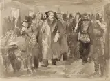 Juliusz Krajewski, Scena historyczna z Leninem [?], lata 50., tusz pędzel, karton kremowy