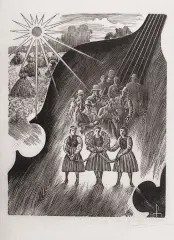 Eugeniusz Pichell, Pochód dożynkowy z wieńcem, 1965, drzeworyt, bibułka