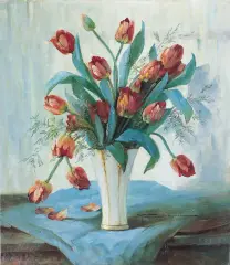 Hedwig Petermann, CZERWONE TULIPANY, olej, płótno