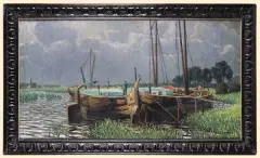 Gerhard Gisevius, ŁODZIE RYBACKIE U BRZEGU RZEKI, olej, płótno