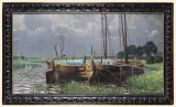 Gerhard Gisevius, ŁODZIE RYBACKIE U BRZEGU RZEKI, olej, płótno