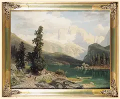 Wilhelm Theodor Nocken, PEJZAŻ GÓRSKI Z JEZIOREM I OŚNIEŻONYMI SZCZYTAMI, olej, płótno