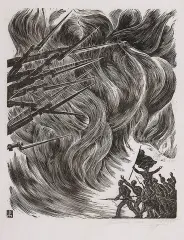 Eugeniusz Pichell, Kompozycja symboliczna (Bagnety), 1965, drzeworyt, bibułka
