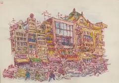 Adam Podhorecki, Na ulicy, flamaster, akwarela, papier