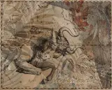 Andrzej Urbanowicz, Byk, z cyklu „Zodiak”, 1997, rysunek i odbitka graf. na pap. o fakturze tkanin