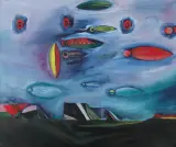 Jacek Sroka, PEJZAŻ Z ROBAKAMI NA NIEBIE, 1993, olej, płótno
