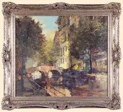Gerhard Dickmeis, MOSTEK NAD KANAŁEM W AMSTERDAMIE, olej, płótno
