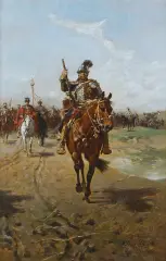 Józef Brandt, HUSARZ NA CZELE ODDZIAŁÓW WOJSKA, ok.1905, olej, płótno