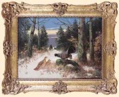 Otto Scheuerer, GŁUSZCE W ZIMOWYM LESIE, olej, tektura