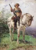 Wilhelm Räuber, KONNY ŻOŁNIERZ Z CZASÓW WOJNY 30-letniej, po 1920, olej, deska