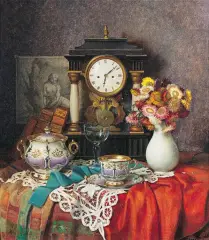 Franz Krischke, MARTWA NATURA Z ZEGAREM, olej, sklejka