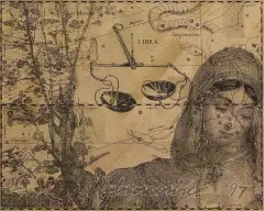 Andrzej Urbanowicz, Waga, z cyklu „Zodiak”, 1997, rysunek i odbitka graf. na pap. o fakturze tkanin
