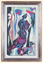 Kobieta z dzieckiem i psem by Henryk Stażewski, ok. 1946-48, gwasz, karton, sold Apr 2006