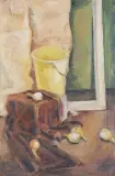 Marek Oberländer, Martwa natura z żółtym wiadrem i cebulami, 1963, olej, płótno